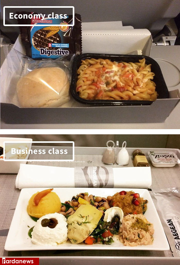 تفاوت غذای پولدارها و مردم عادی در هواپیما /تصاویر