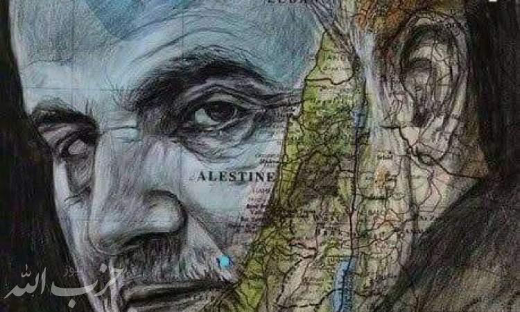 طرح نقاشی چهره حاج قاسم روی نقشه اراضی فلسطین و لبنان+عکس